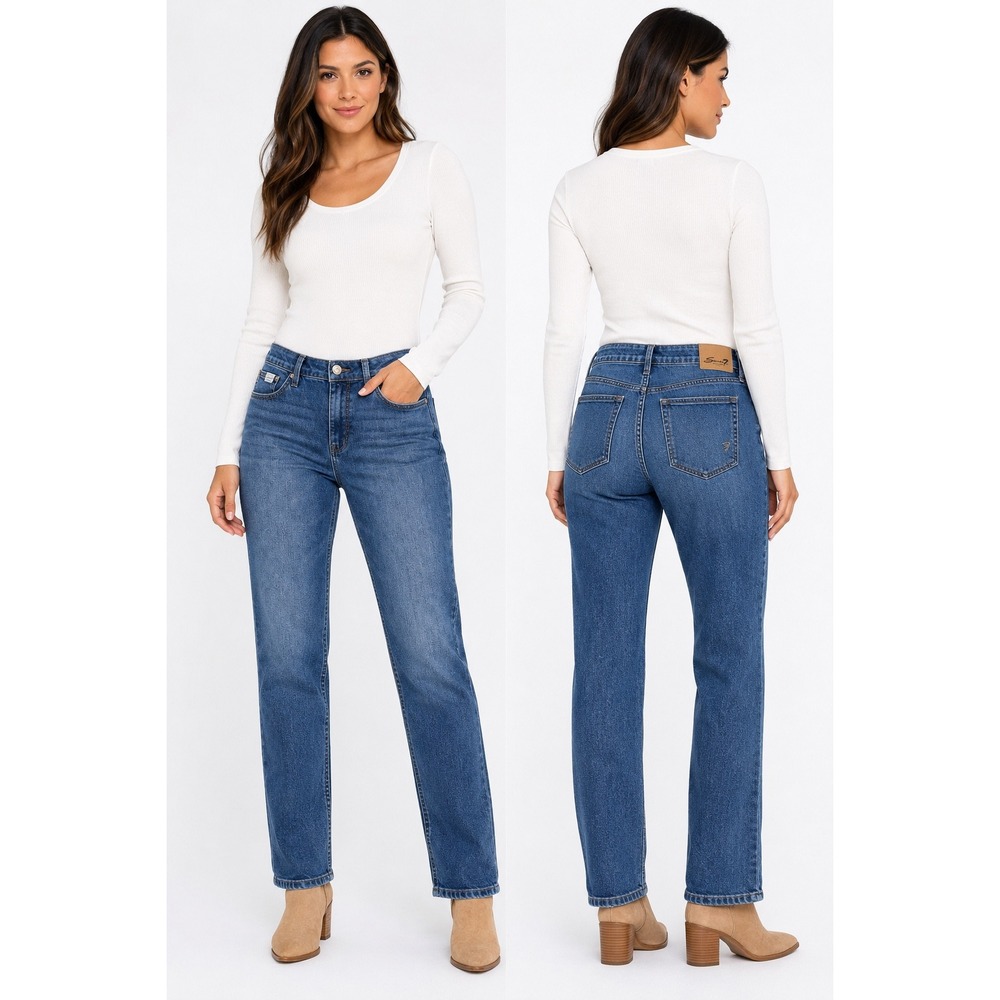 Seven7 Womens High Rise Straight Leg Jeans Medium Wash Blue Denim S7 Logo‎ 30x29